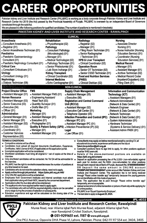 Jobs in Pakistan Kidney & Liver Institute & Research Center Rawalpindi